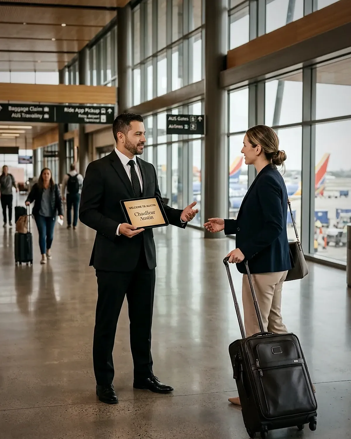 Chauffeur holding a name sign in the arrivals hall at Austin-Bergstrom airport
