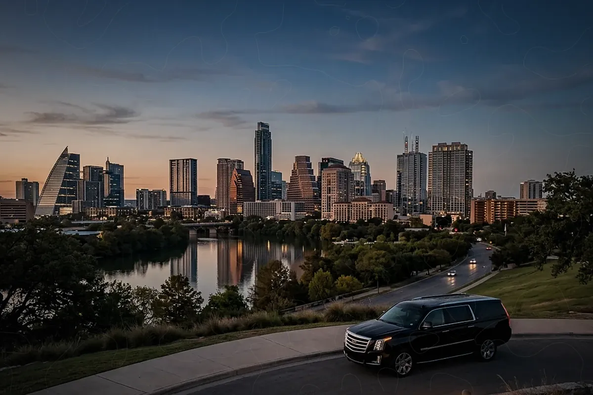 Austin skyline from Lady Bird Lake at dusk