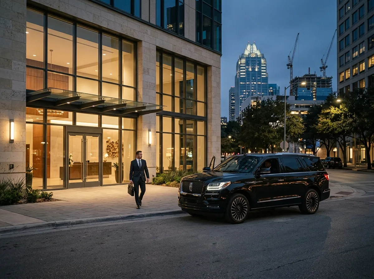 Executive stepping out of a black car in front of a downtown Austin office tower
