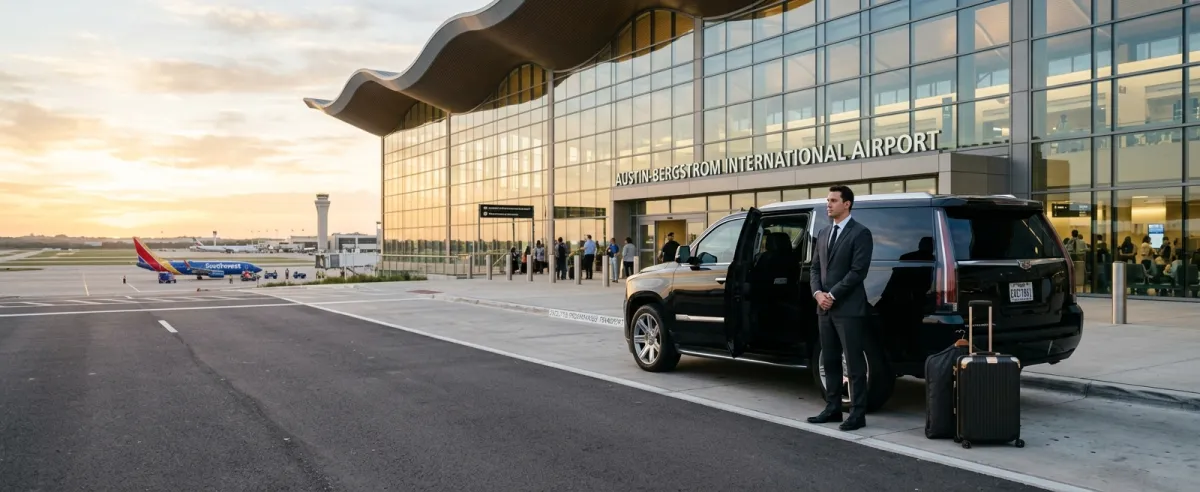 Black SUV waiting at the curb outside Austin-Bergstrom International Airport