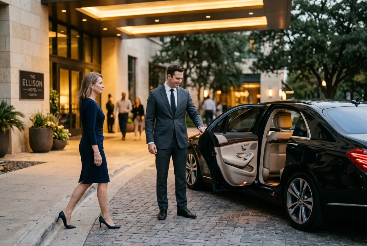 Chauffeur opening the rear door of a black sedan for a passenger