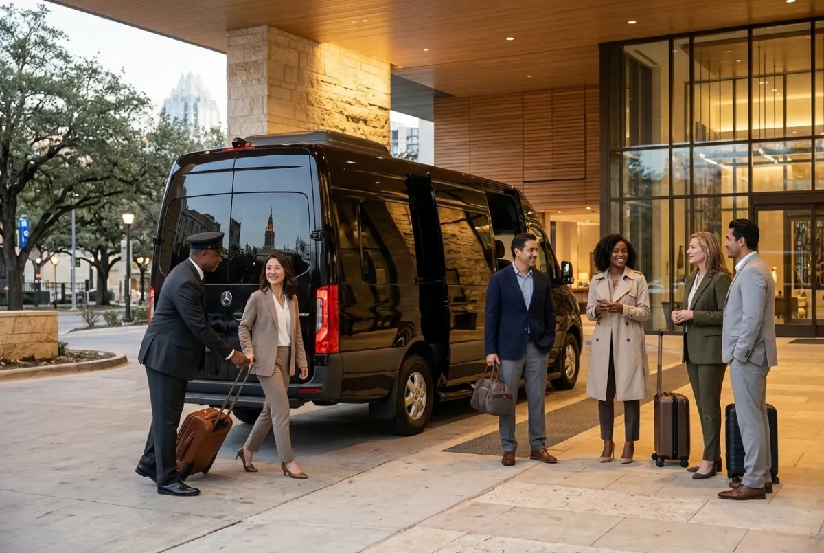Group stepping out of an executive van at a hotel entrance