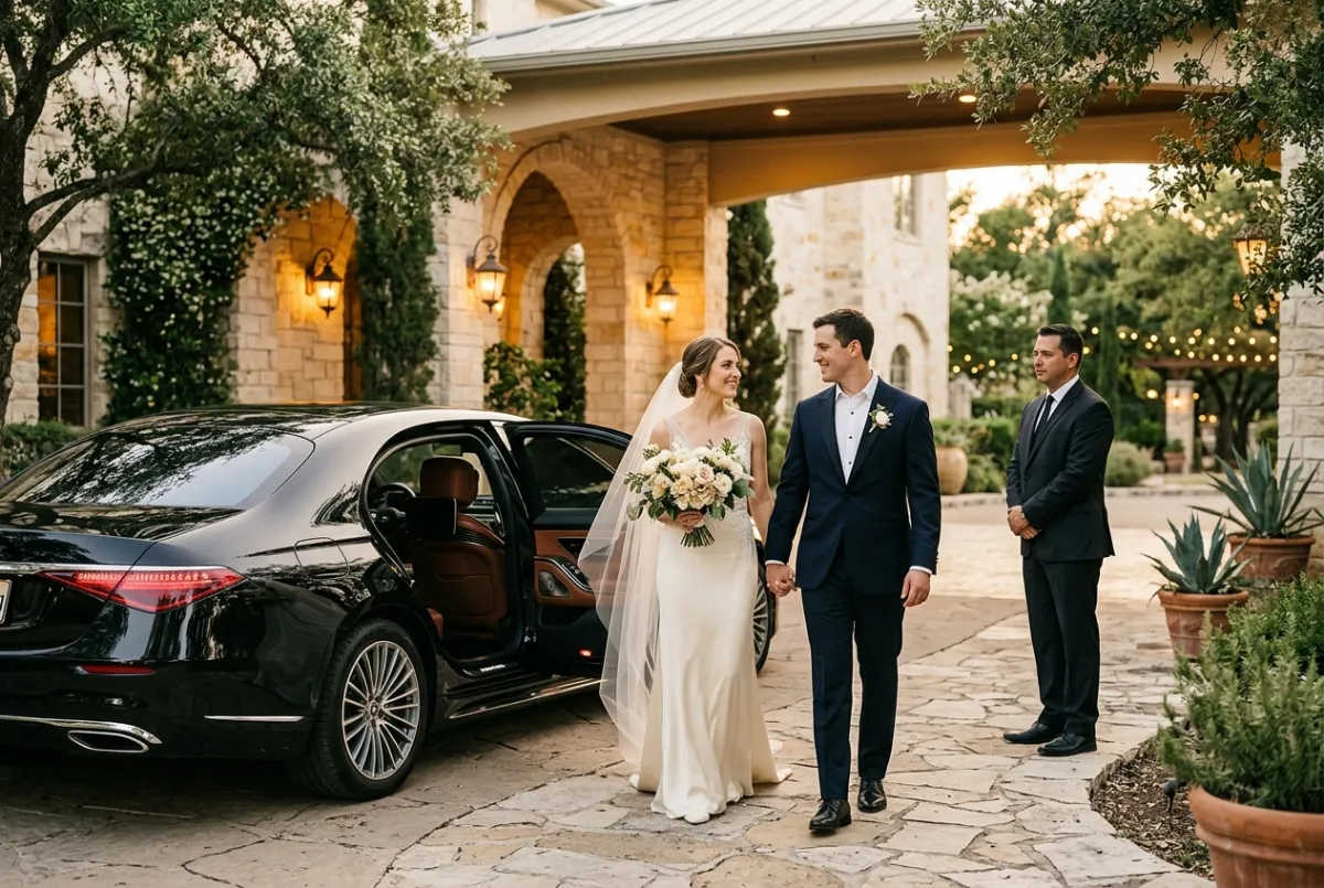 Black car arriving at an Austin-area wedding venue