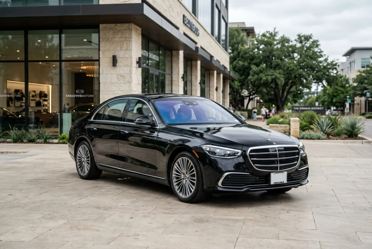Executive black sedan, front three-quarter view