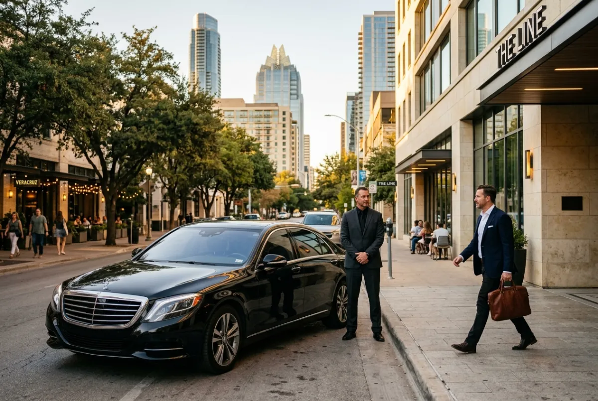 Black car parked on a downtown Austin street while the chauffeur waits