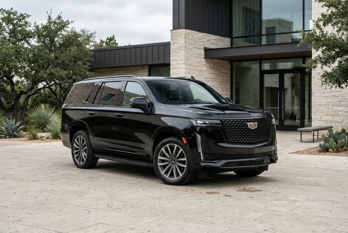 Black luxury SUV, front three-quarter view
